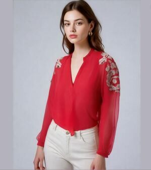 AUTHENTIC IDOL Red Sheer Silver Embellished Long Sleeves V-Neck Top Blouse M